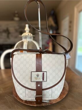 Final Price~Gucci vintage Beige GG Canvas & Brown Leather Shoulder Bag